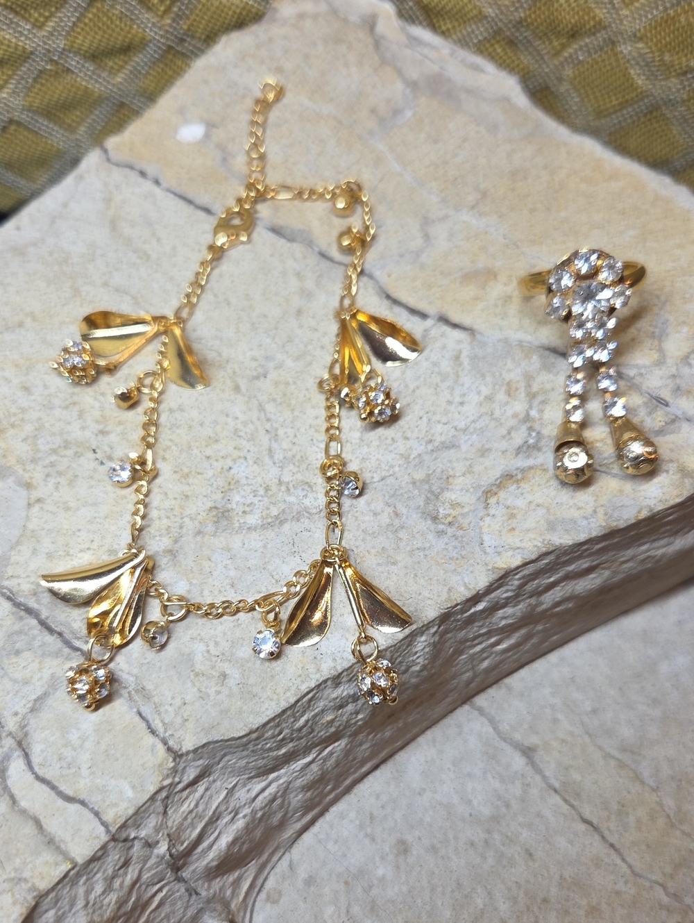 Gold Floral Drop Bracelet And Ring Set with Crystal Accents - Women Jewelry